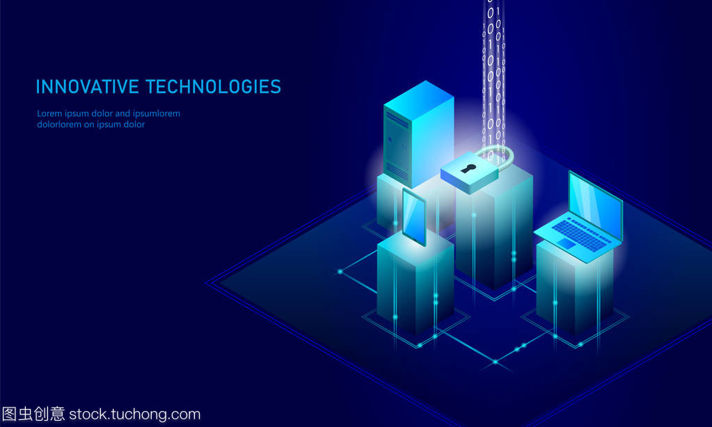 等距互聯(lián)網(wǎng)安全鎖業(yè)務(wù)理念。藍(lán)色發(fā)光等距個(gè)人信息數(shù)據(jù)連接 pc 智能手機(jī)未來(lái)技術(shù)。3d 圖表矢量圖